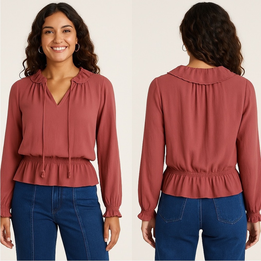 A New Day Ruffle Chiffon Blouse‎ Long Sleeve Tie Neck Smocked Waist Top large